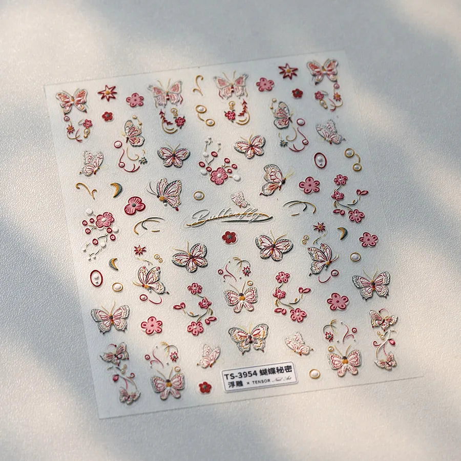 5D Butterfly & Cherry Blossom Nail Stickers – Embroidered Floral Design TS3954