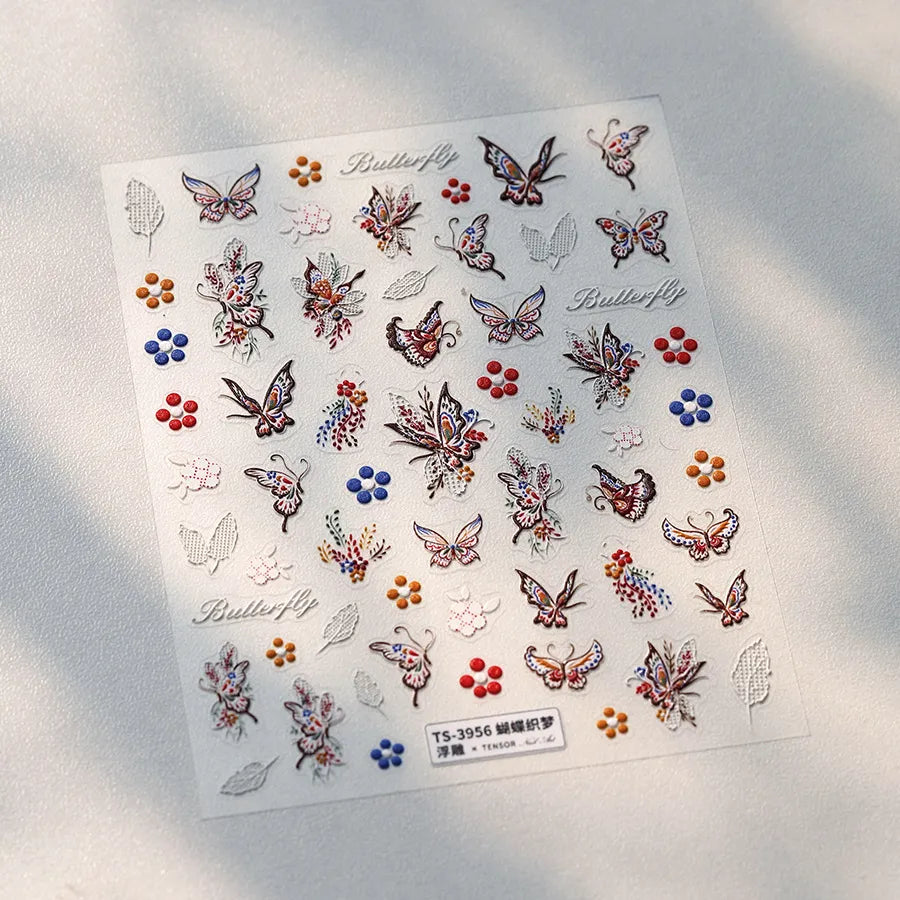 5D Butterfly & Cherry Blossom Nail Stickers – Embroidered Floral Design TS3954