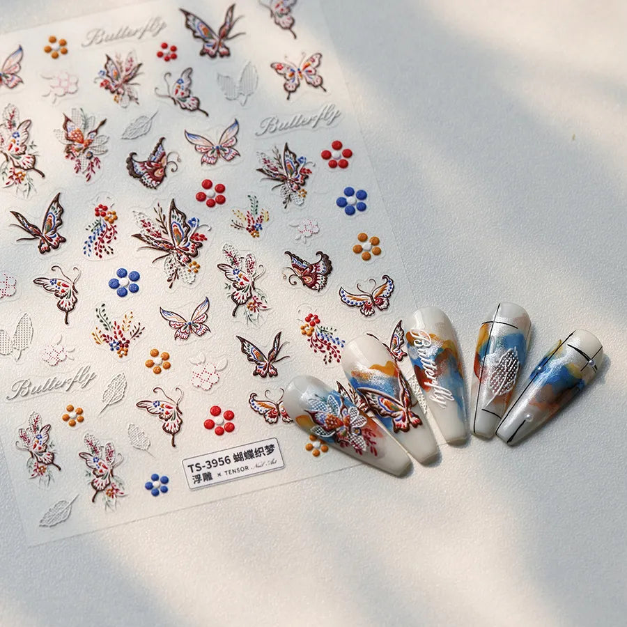 5D Butterfly & Cherry Blossom Nail Stickers – Embroidered Floral Design TS3954