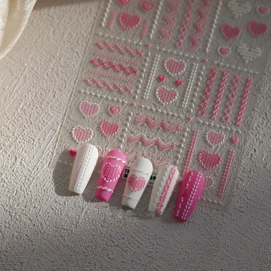 Pink Knitting Sweater Design Nail Art Stickers Embossed Love Sticker Decals TS3974