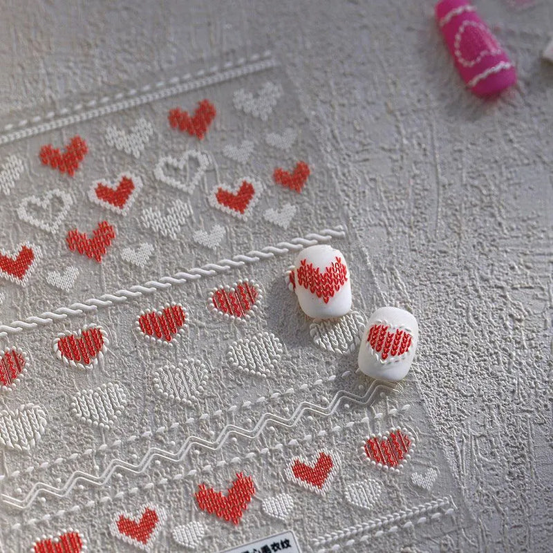 Pink Knitting Sweater Design Nail Art Stickers Embossed Love Sticker Decals TS3974