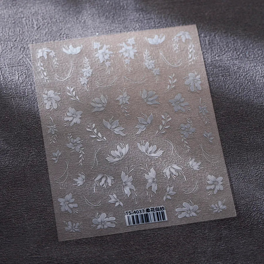 White Flower Nail Art Stickers Floral Leaf Adhesive Sticker Decals TS4037