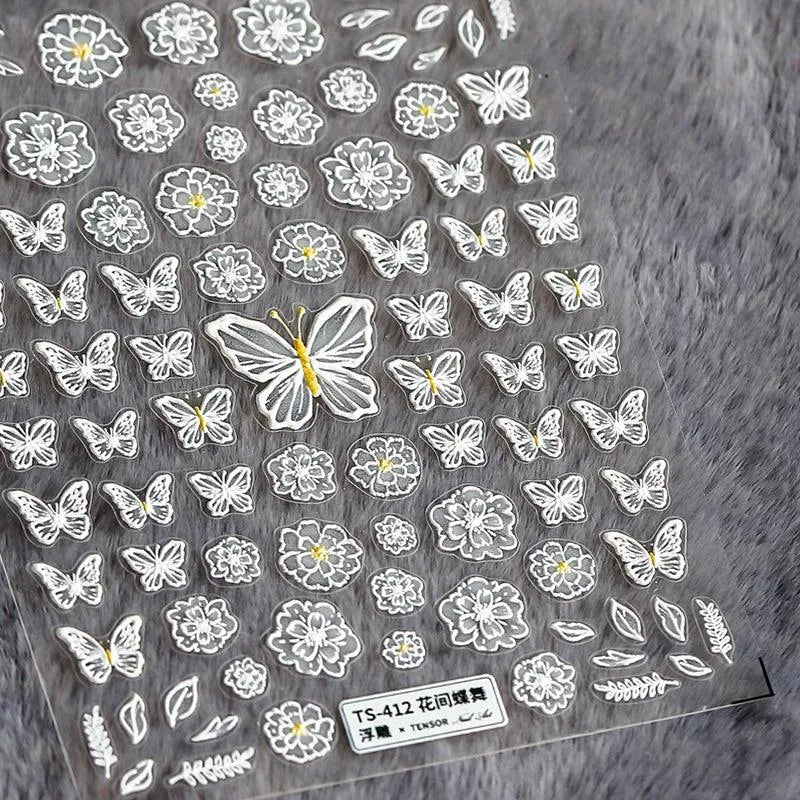 White Butterfly Flower Nail Art Stickers Adhesives Butterfly Sticker Decals TS412