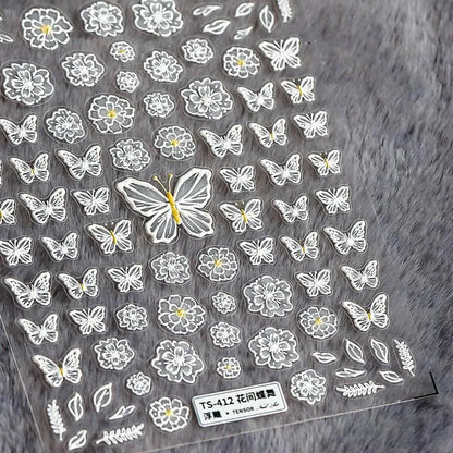 White Butterfly Flower Nail Art Stickers Adhesives Butterfly Sticker Decals TS412