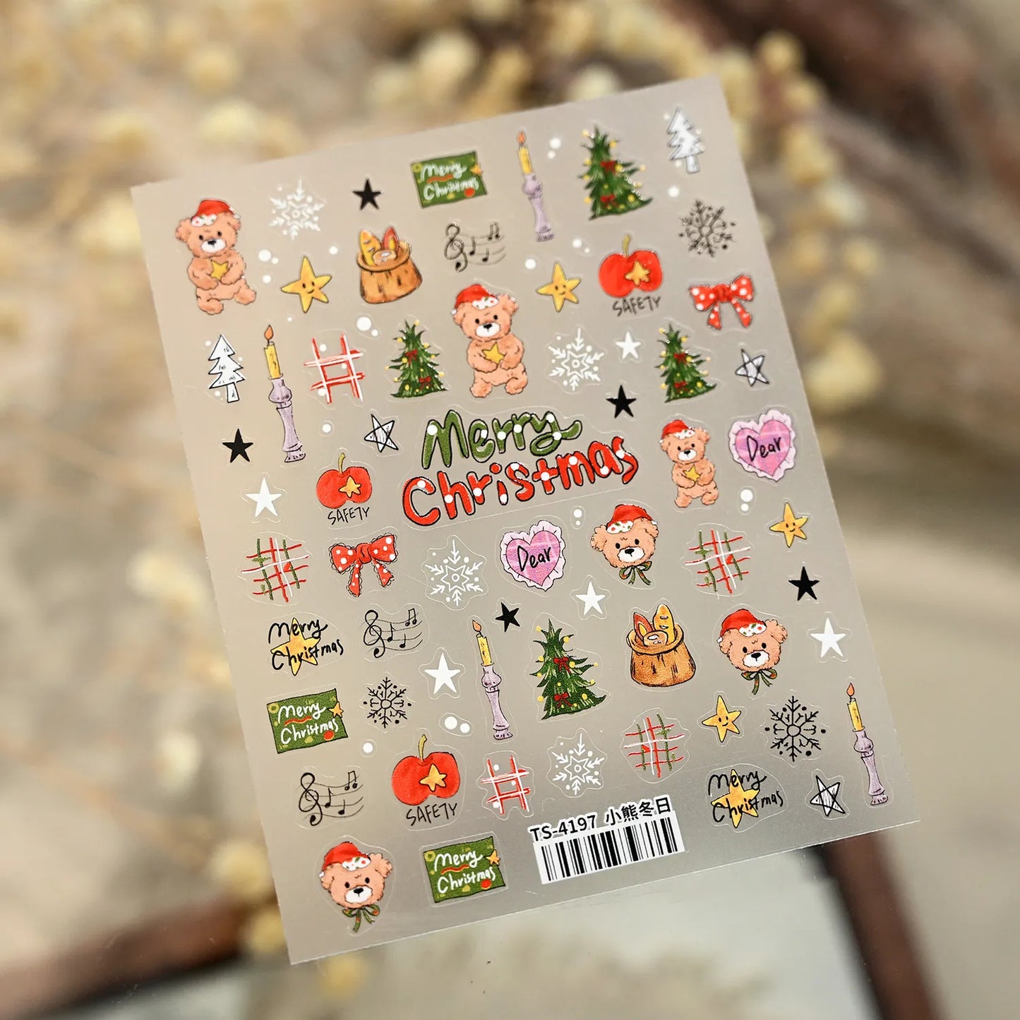Cartoon Christmas Bear Dog Nail Art Stickers - Cute Snowman Xmas Tree Snowflake Decals TS4197