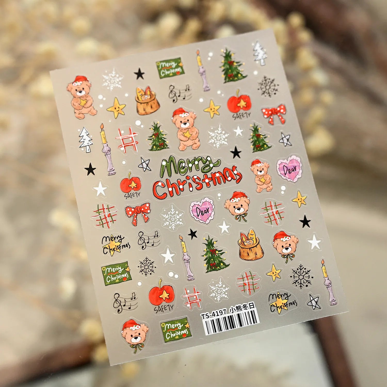 Cartoon Christmas Bear Dog Nail Art Stickers - Cute Snowman Xmas Tree Snowflake Decals TS4197