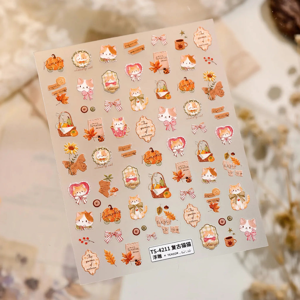 Cute Autumn Cat Pumpkin Nail Stickers | Vintage Fall Kawaii Decals 4211