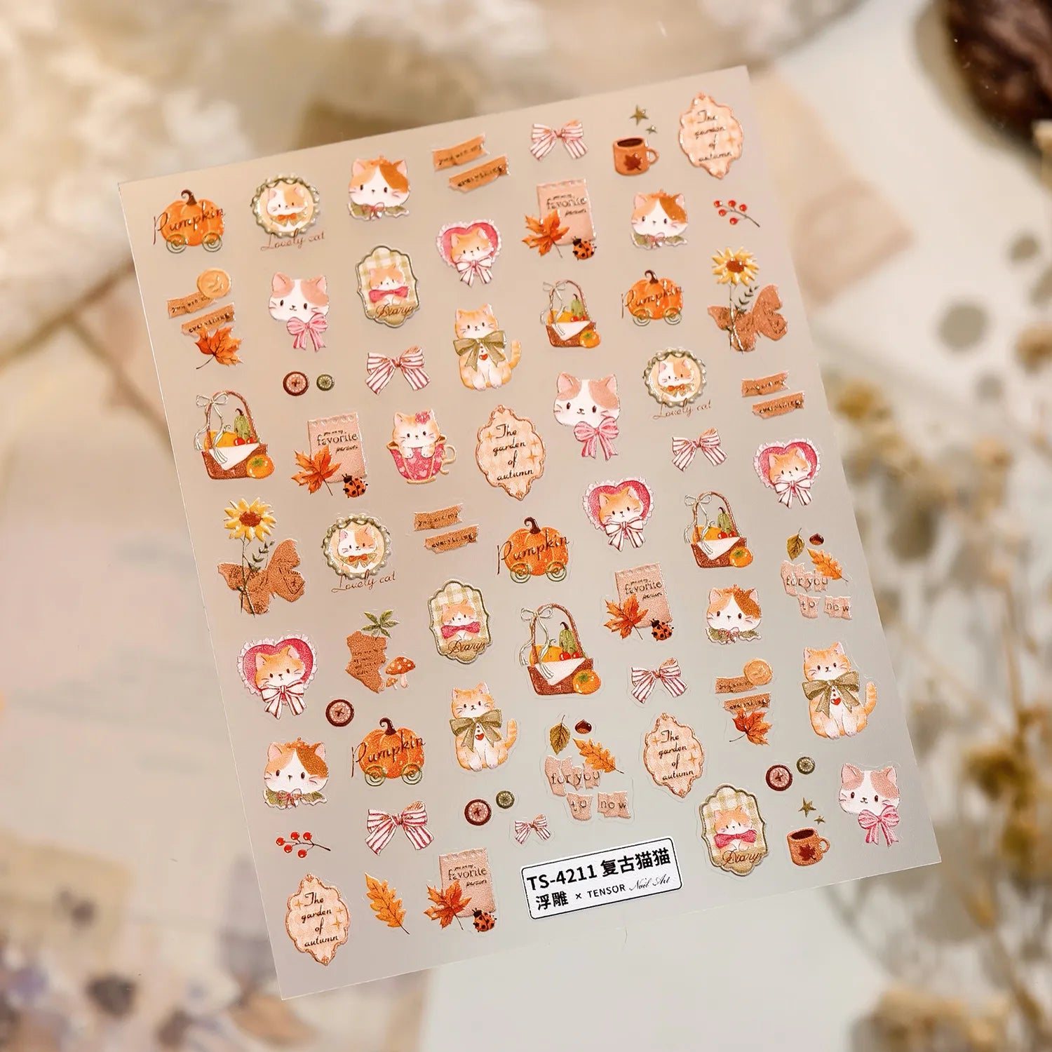 Cute Autumn Cat Pumpkin Nail Stickers | Vintage Fall Kawaii Decals 4211