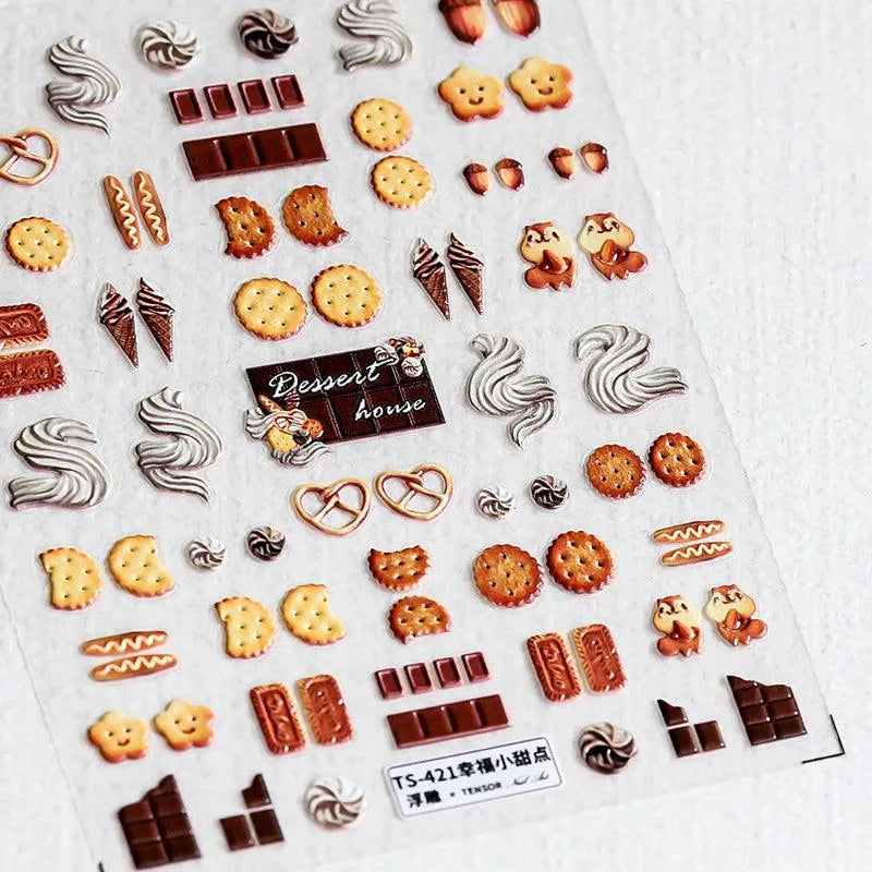 Desserts Cake Design Nail Art Stickers Cookies Adhesive Sticker Decals TS421 embossed