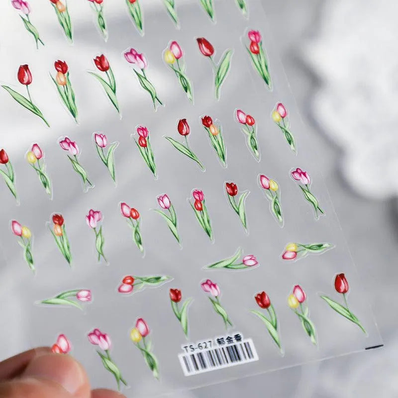 Elegant Watercolor Tulip Nail Stickers | Red & Pink Spring Floral Nail Art Decals TS627