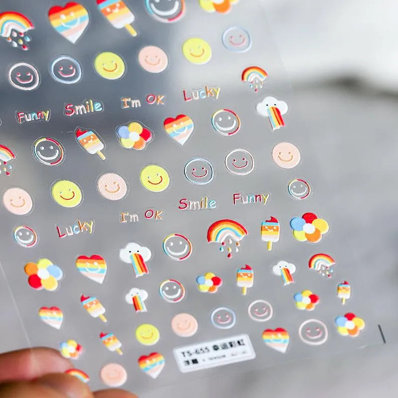 Flower Nail Art Stickers Adhesive Slider Heart Smile Face Sticker Decals TS655 embossed