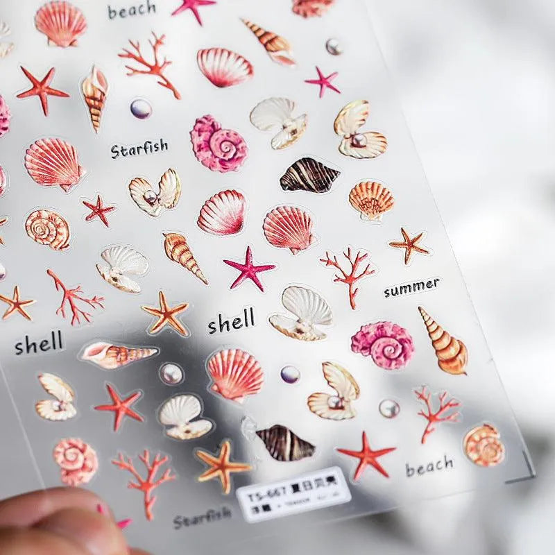  Summer Sea Life Nail Art Stickers Starfish Shell Embossed Sticker Decals TS667 embossed