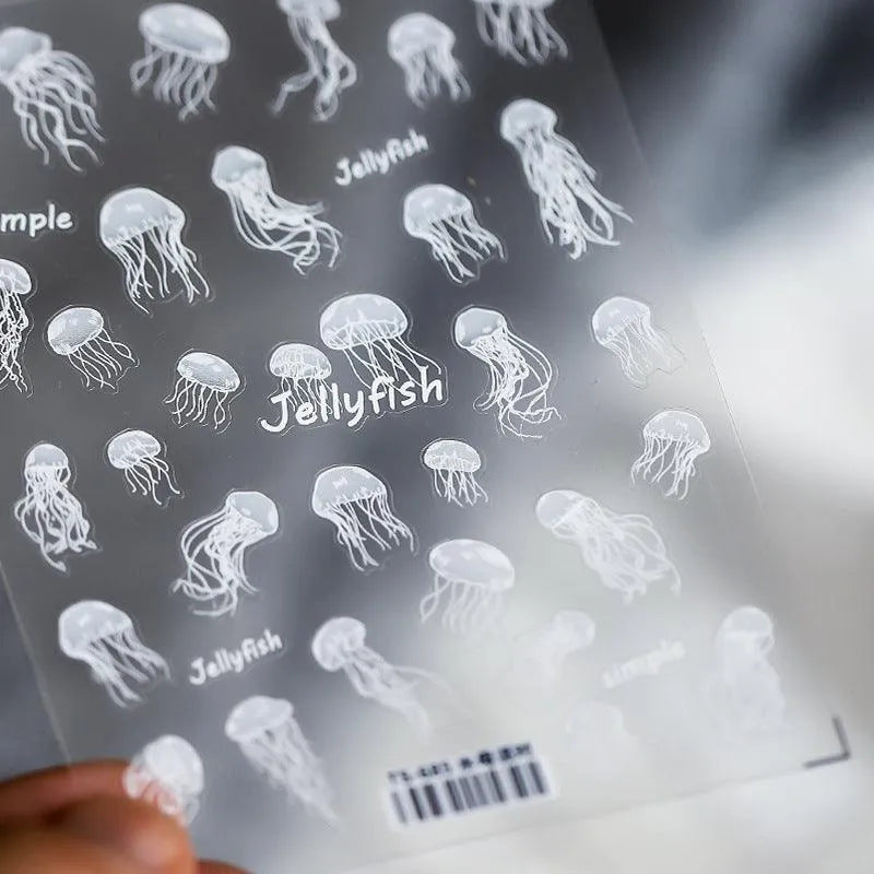 White Jellyfish Nail Art Stickers Adhesive Embossed Jellyfish Sticker Decals TS685