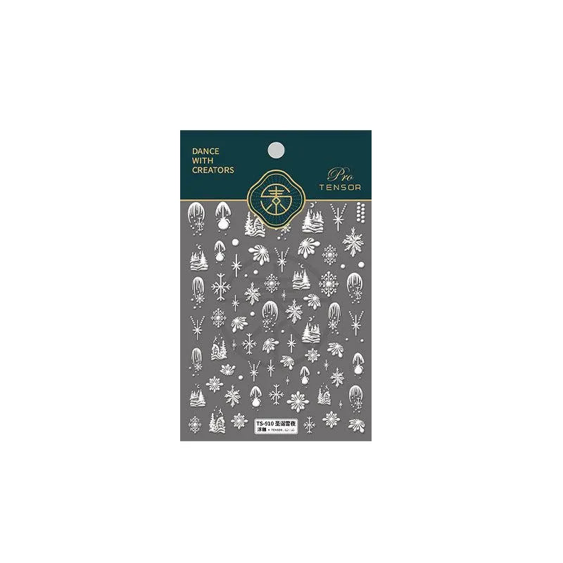 5D Winter Snowflake Nail Art Stickers White Snow Adhesive Sticker Decals TS910 embossed
