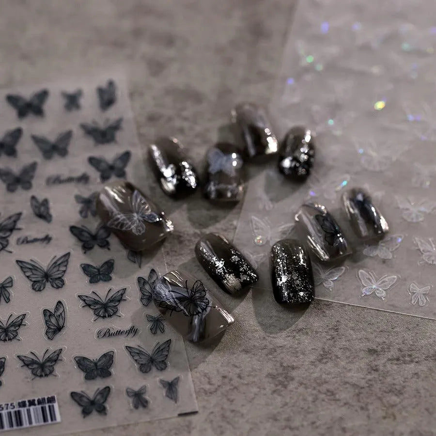 Translucent Butterfly Nail Art Stickers Black White Butterfly Adhesive Slider Sticker Decals TS3574