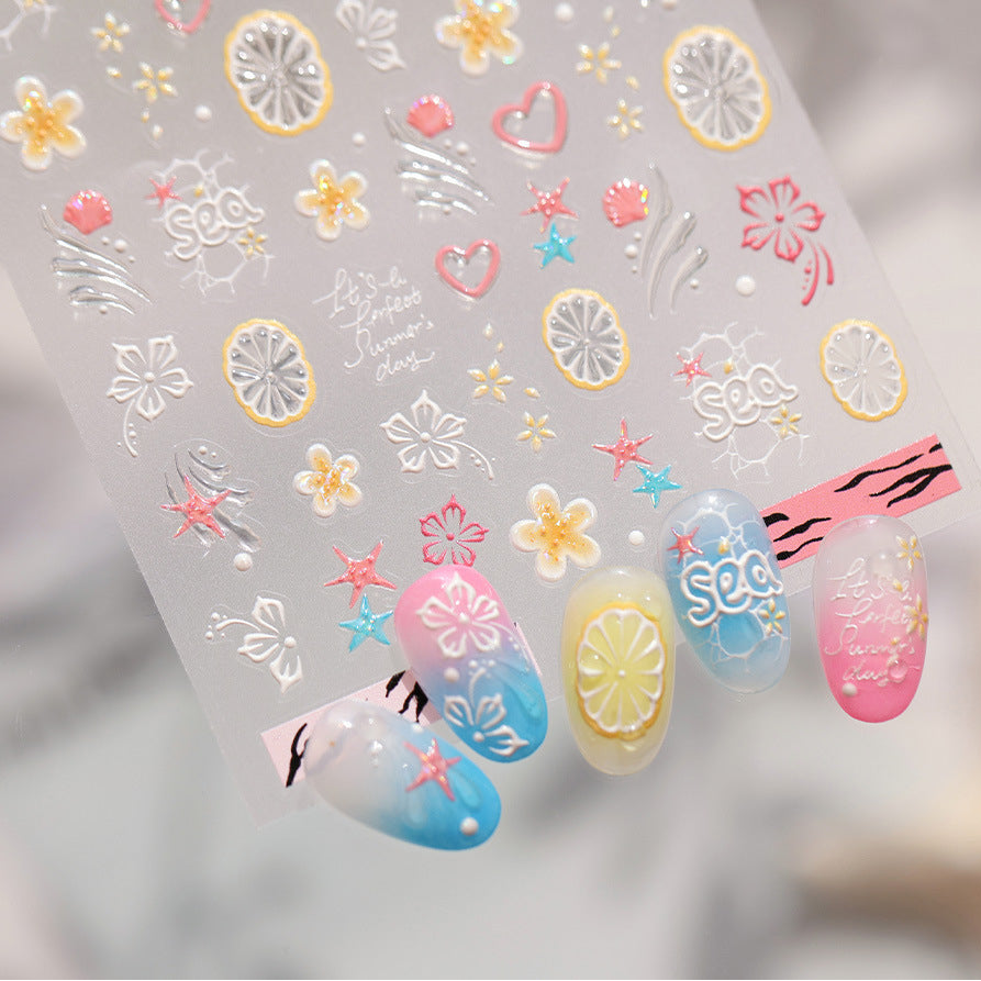 Tropical Hibiscus & Starfish Nail Stickers - 5D Summer Floral Decals
