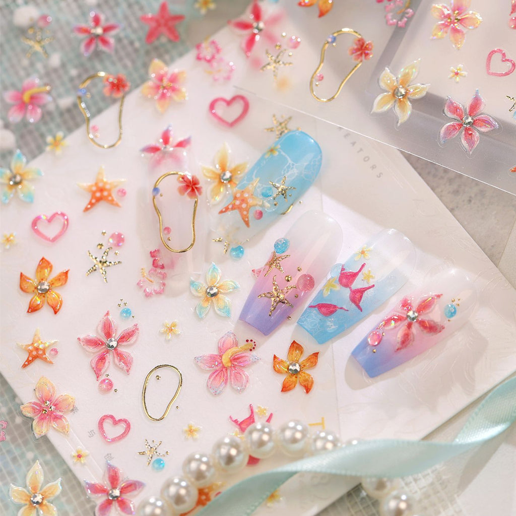 Tropical Hibiscus & Starfish Nail Stickers - 5D Summer Floral Decals