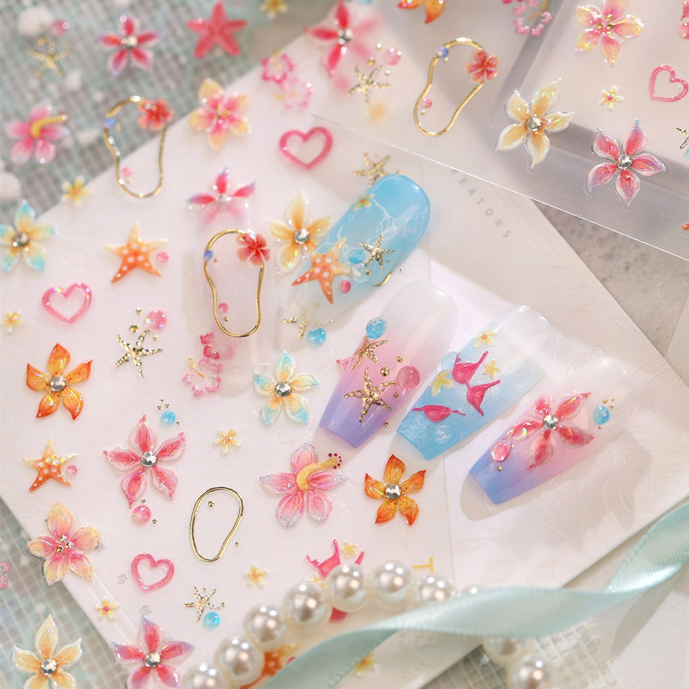 Tropical Hibiscus & Starfish Nail Stickers - 5D Summer Floral Decals