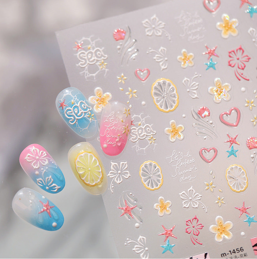 Tropical Hibiscus & Starfish Nail Stickers - 5D Summer Floral Decals