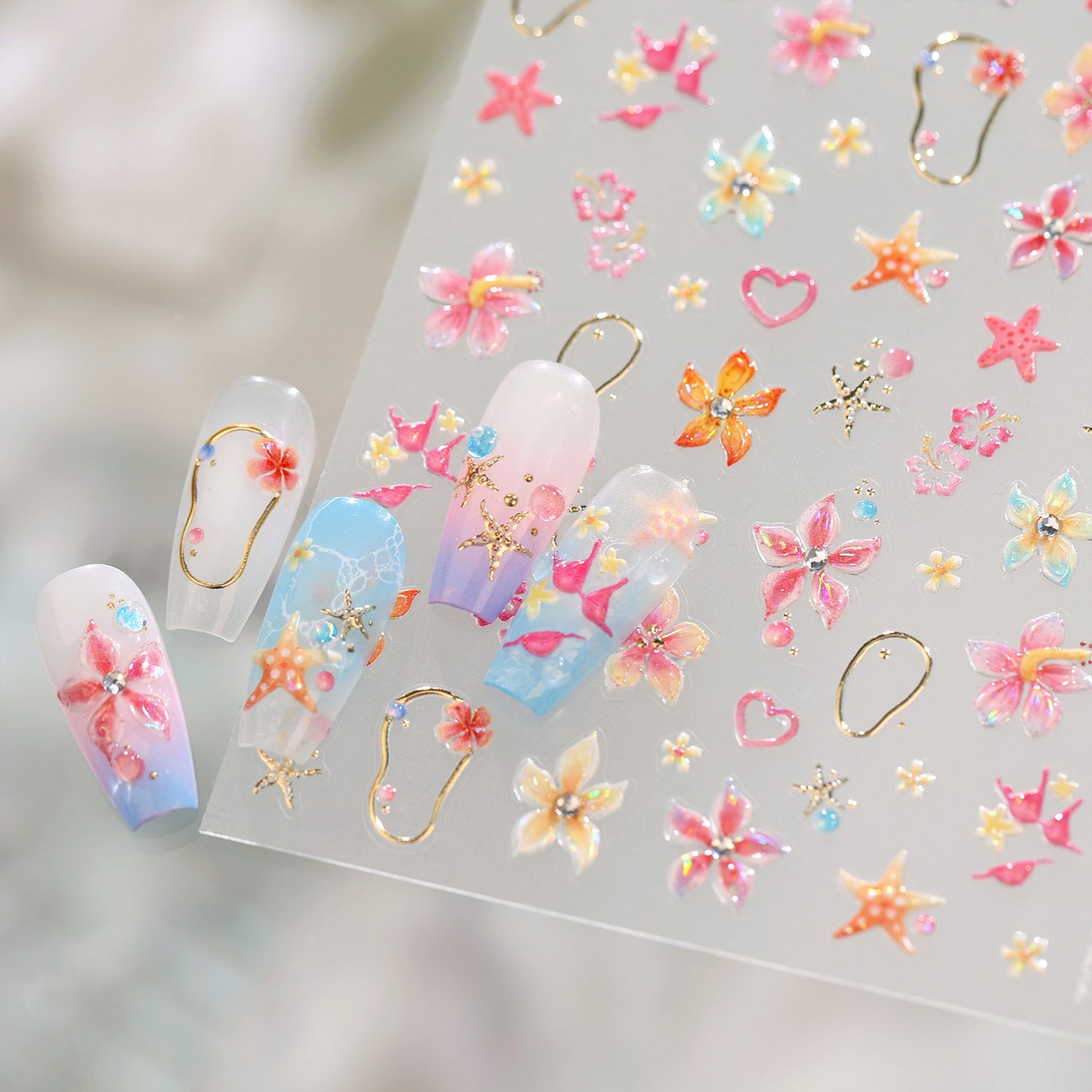 Tropical Hibiscus & Starfish Nail Stickers - 5D Summer Floral Decals