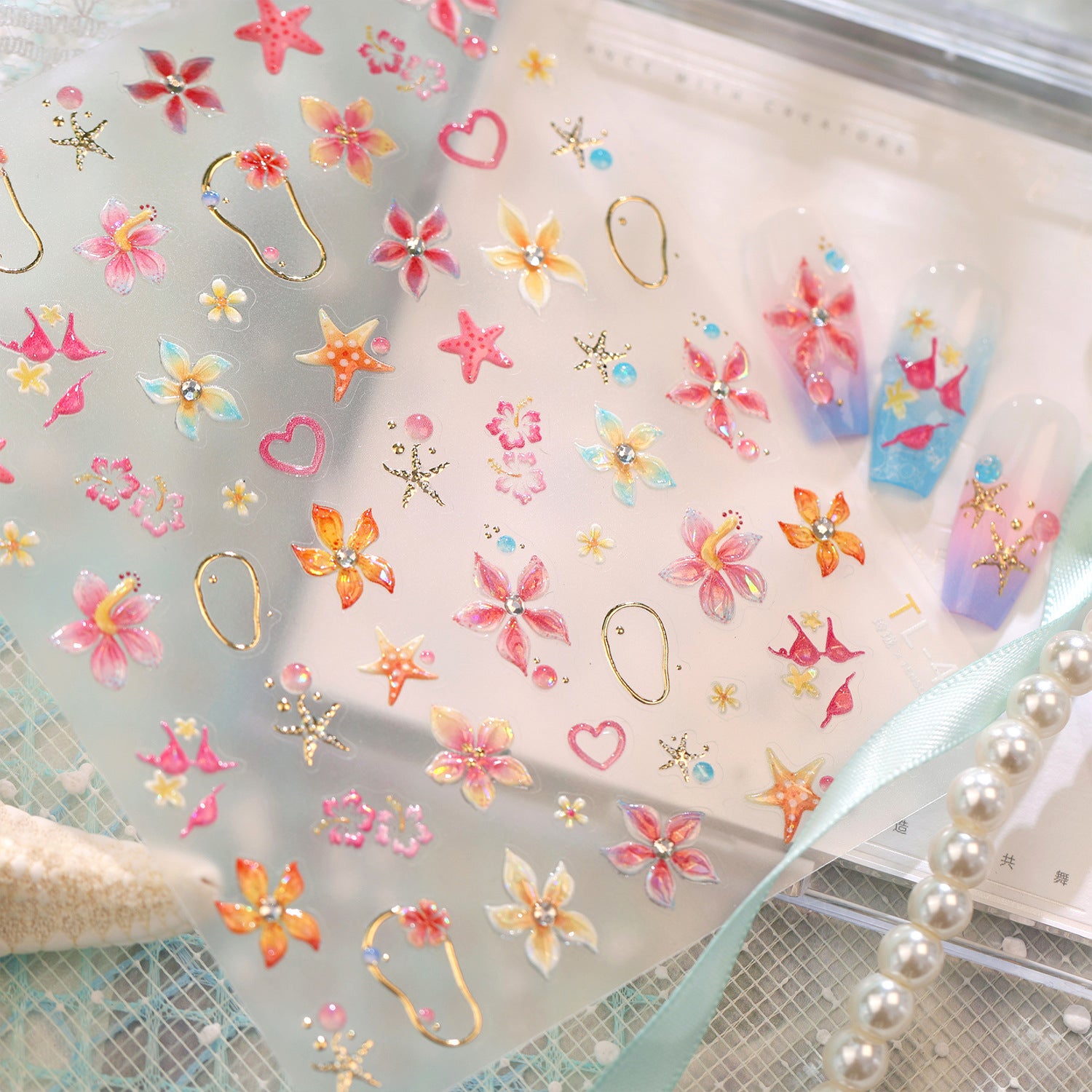 Tropical Hibiscus & Starfish Nail Stickers - 5D Summer Floral Decals