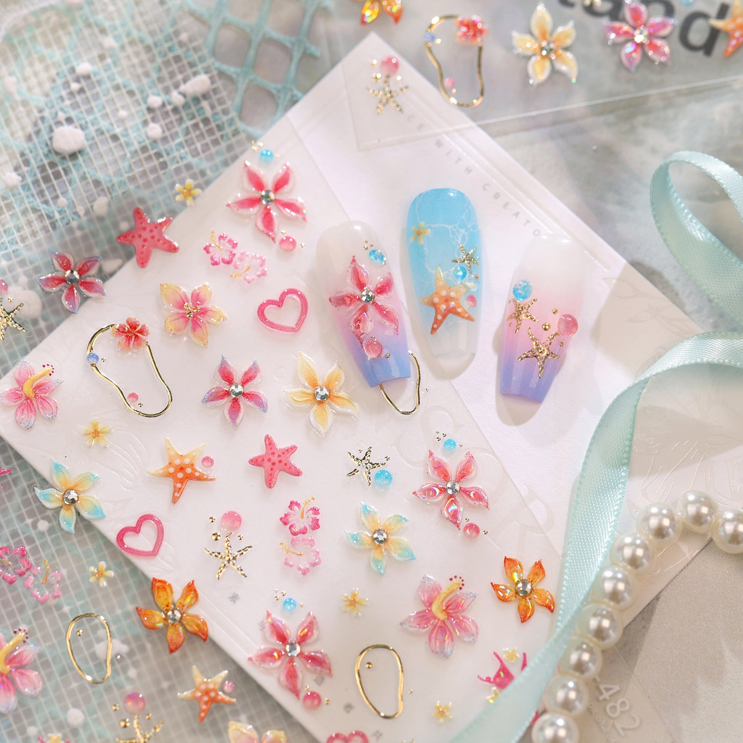 Tropical Hibiscus & Starfish Nail Stickers - 5D Summer Floral Decals