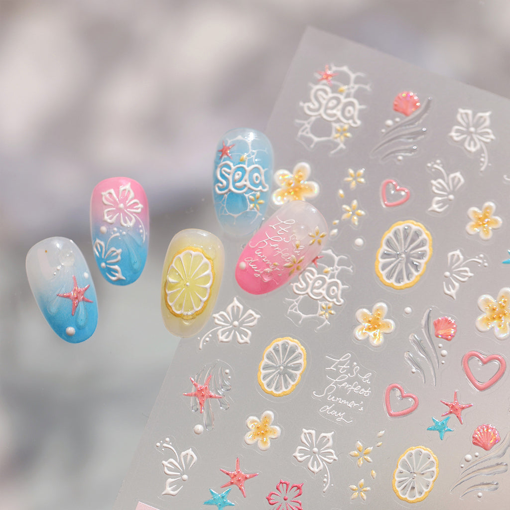 Tropical Hibiscus & Starfish Nail Stickers - 5D Summer Floral Decals