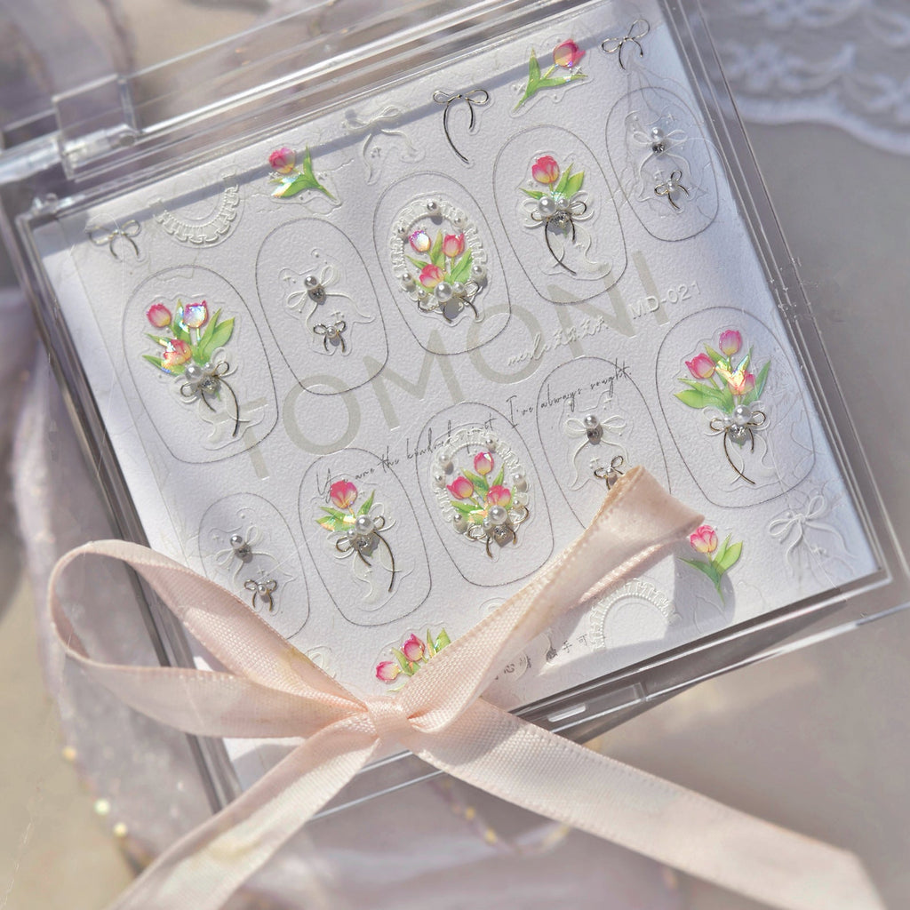 Tulip & Bow Rhinestone Nail Stickers – Pre-Arranged Self-Adhesive Nail Gems MD021