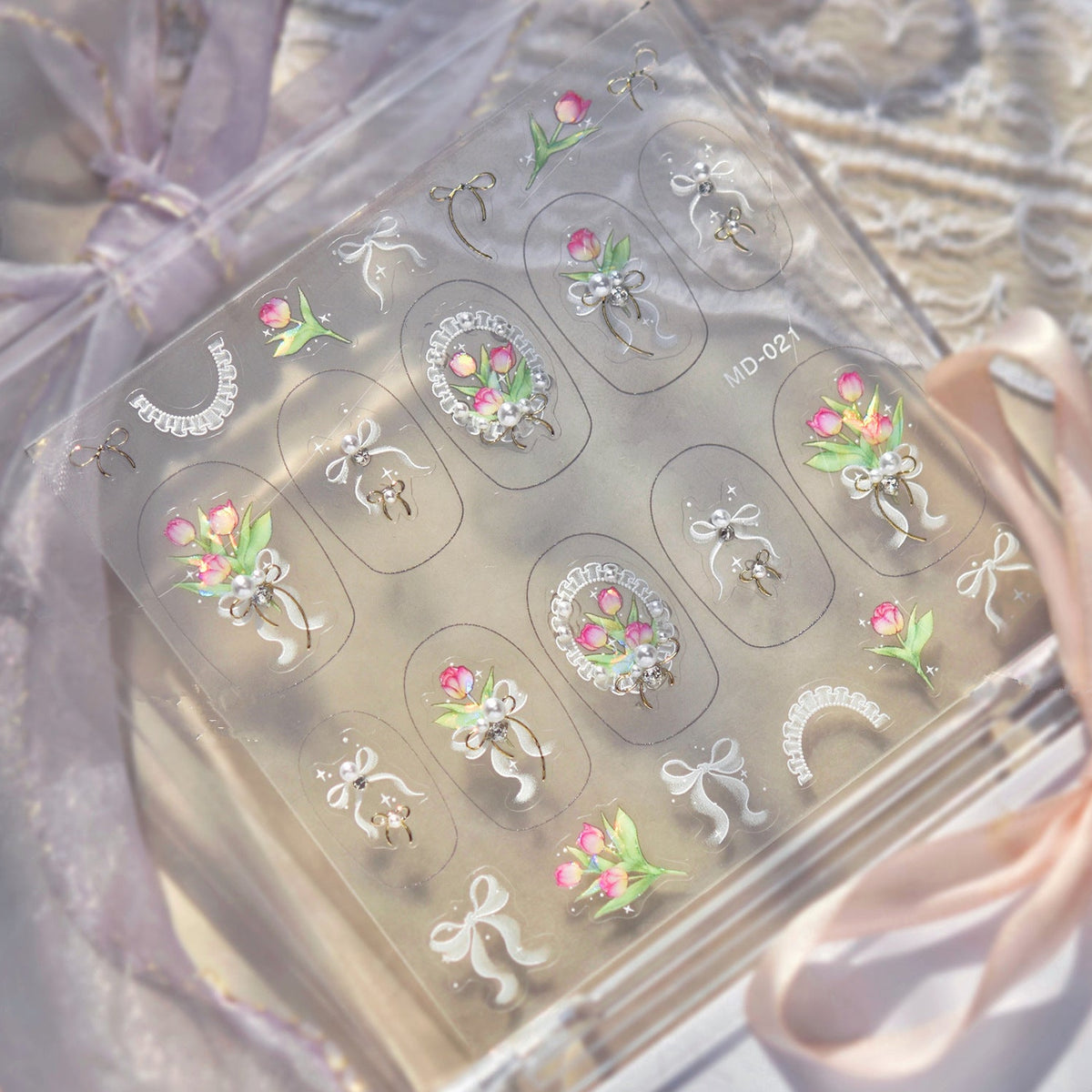 Tulip & Bow Rhinestone Nail Stickers – Pre-Arranged Self-Adhesive Nail Gems MD021
