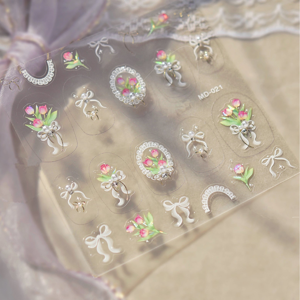 Tulip & Bow Rhinestone Nail Stickers – Pre-Arranged Self-Adhesive Nail Gems MD021