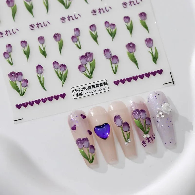 Tulip Nail Art Stickers Adhesive Slider Purple Tulips Flower Sticker Decals TS2255