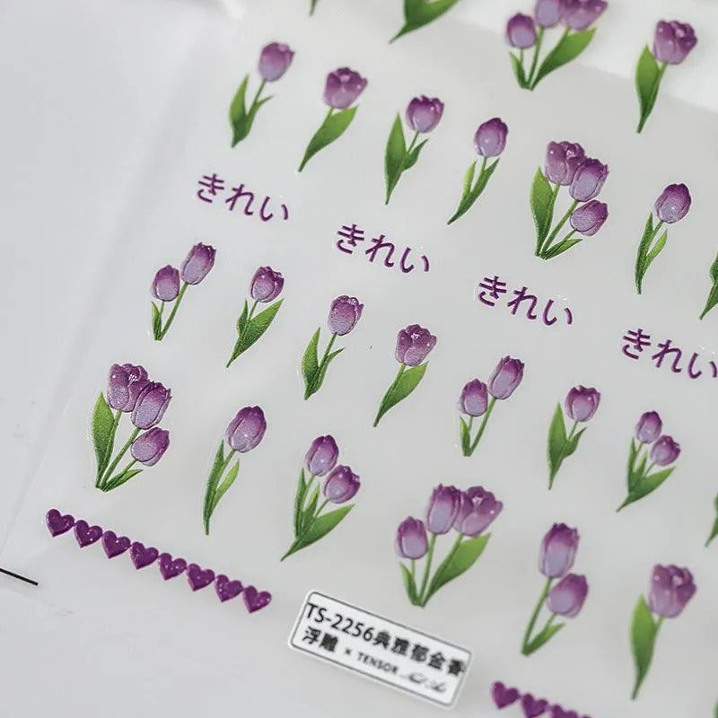 Tulip Nail Art Stickers Adhesive Slider Purple Tulips Flower Sticker Decals TS2255