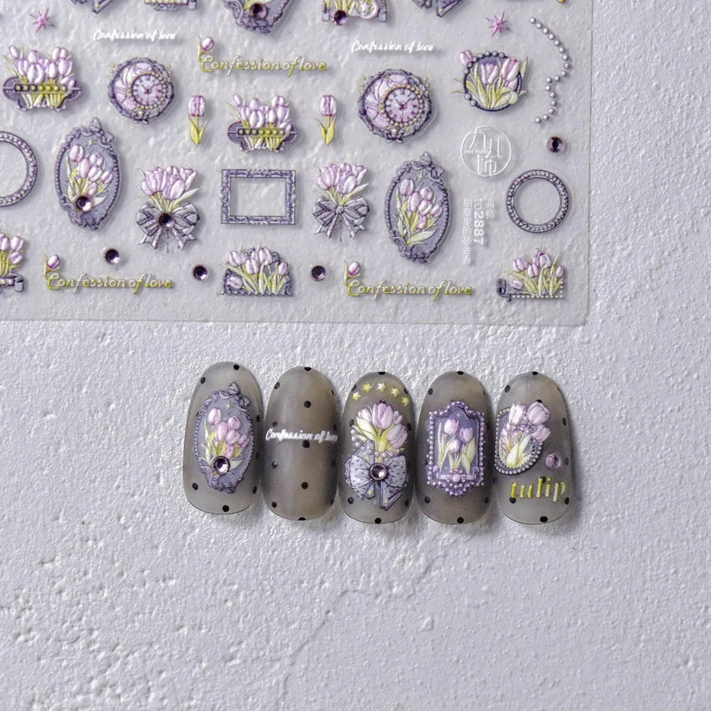 Tulips Nail Art Stickers Adhesive Pink Tulip Flower Embossed Sticker Decals to2887