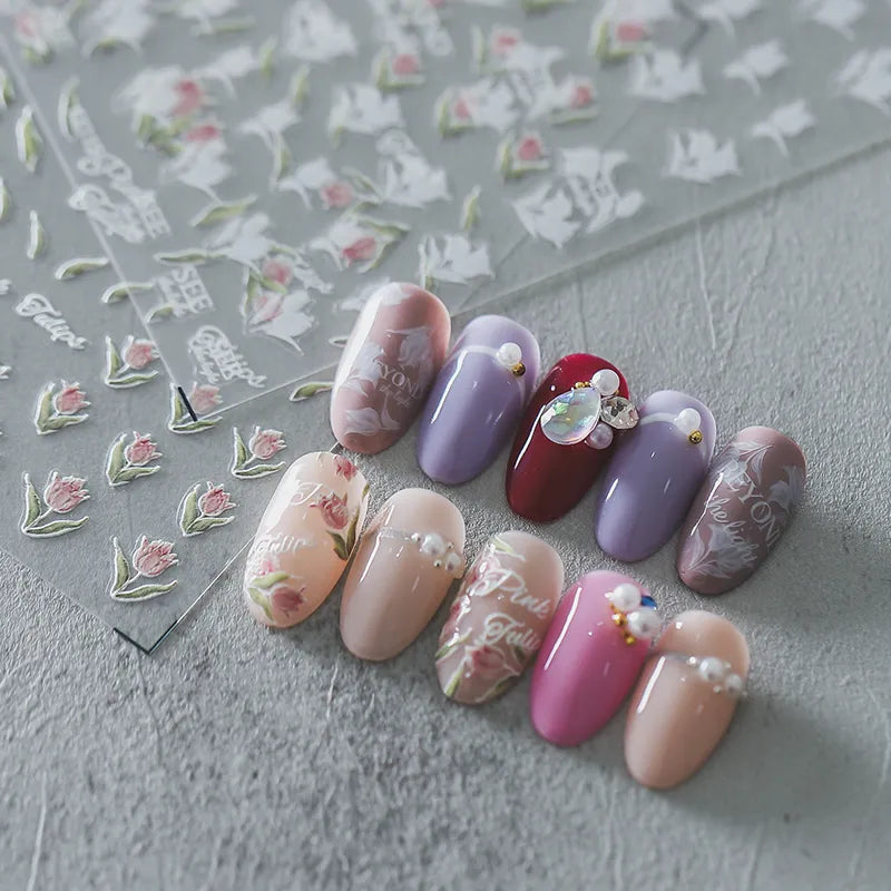 Tulips Nail Art Stickers Floral Adhesive Sliders Sticker Decals KX110