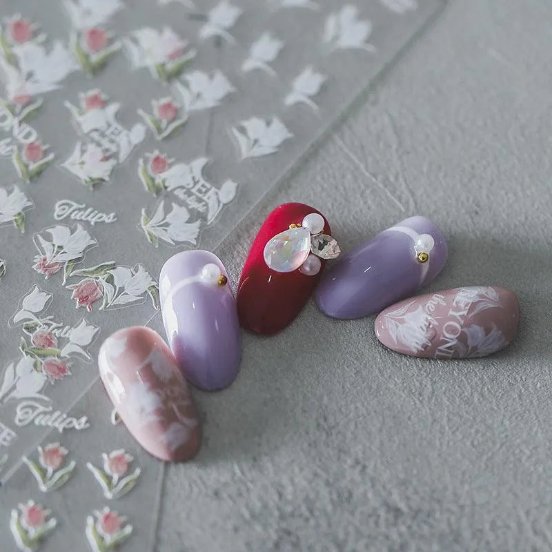 Tulips Nail Art Stickers Floral Adhesive Sliders Sticker Decals KX110