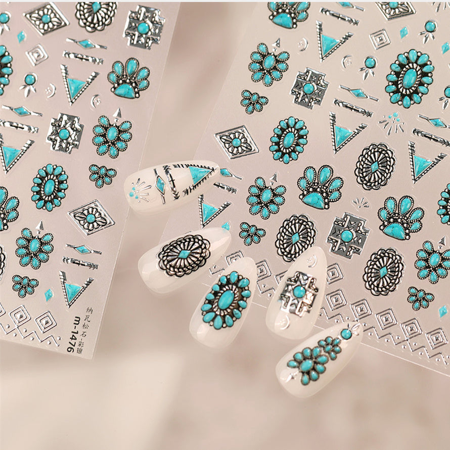 Turquoise Boho Nail Art Stickers - 3D Western Style Decals 1476
