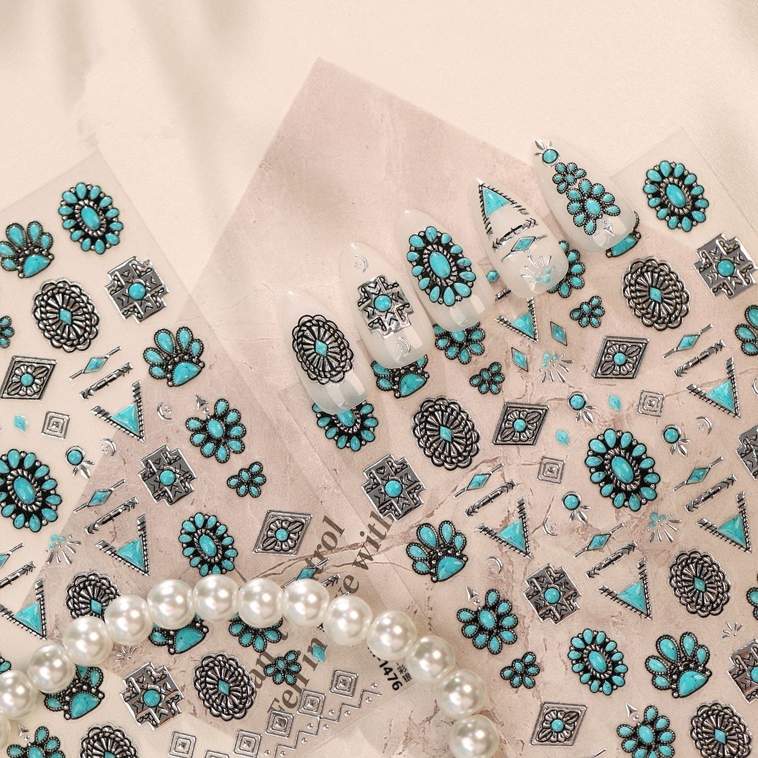 Turquoise Boho Nail Art Stickers - 3D Western Style Decals 1476