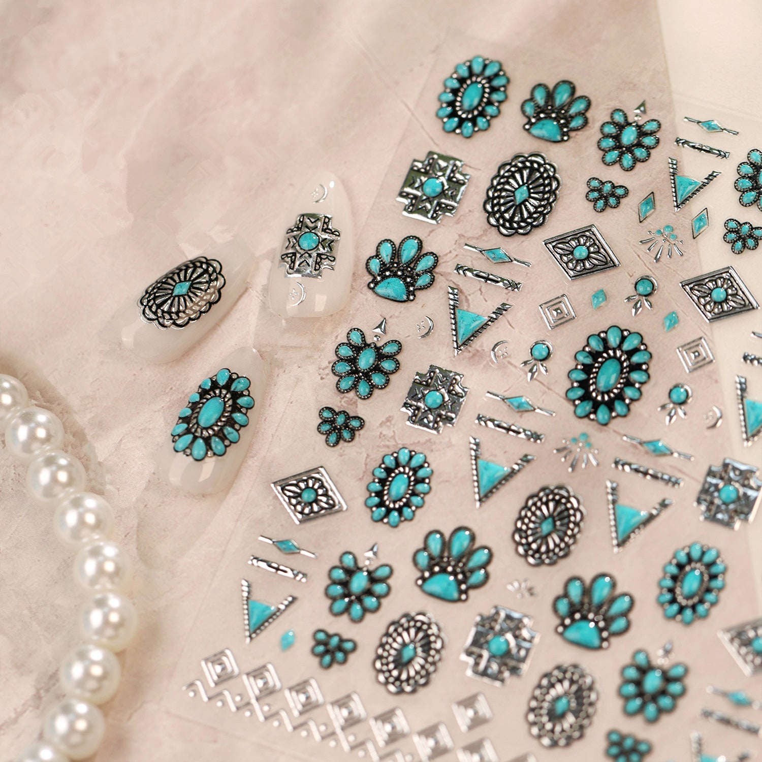 Turquoise Boho Nail Art Stickers - 3D Western Style Decals 1476