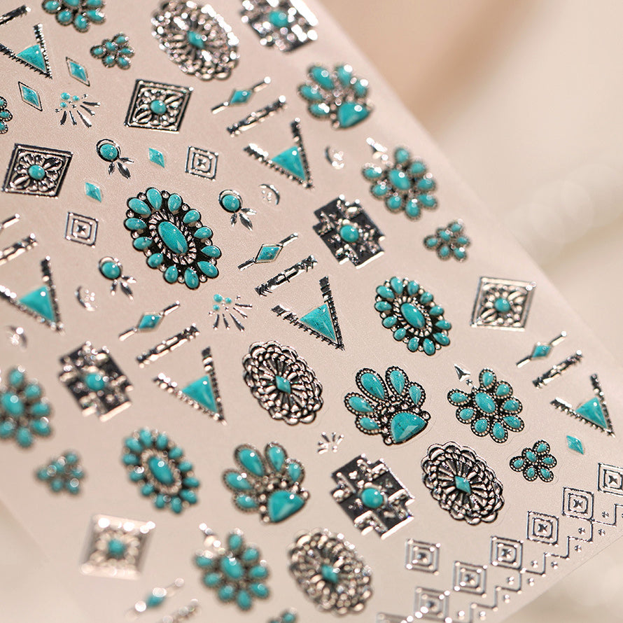 Turquoise Boho Nail Art Stickers - 3D Western Style Decals 1476