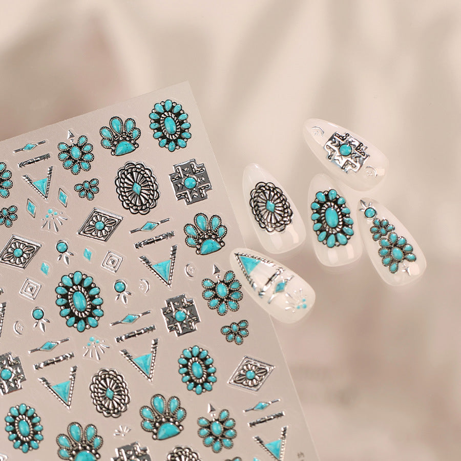 Turquoise Boho Nail Art Stickers - 3D Western Style Decals 1476