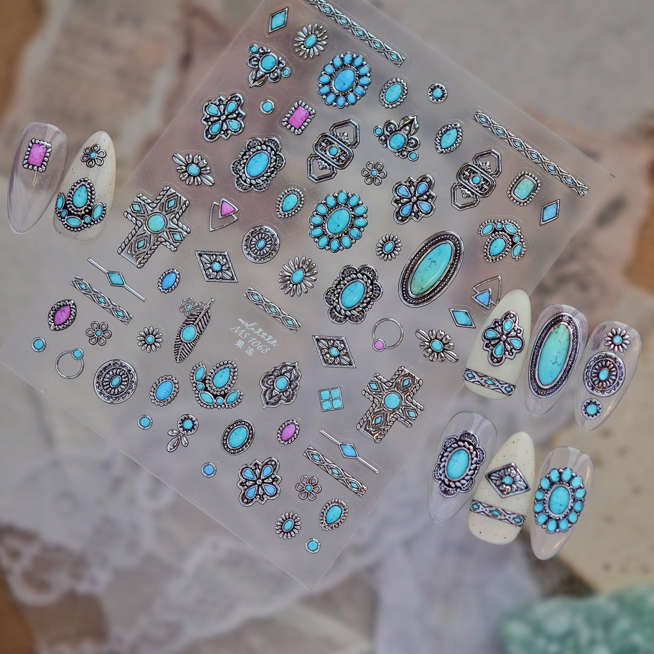 Turquoise Boho Nail Art Stickers - 3D Western Style Decals