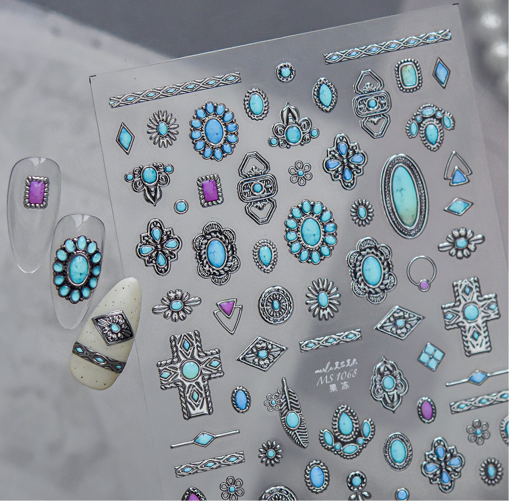 Turquoise Boho Nail Art Stickers - 3D Western Style Decals