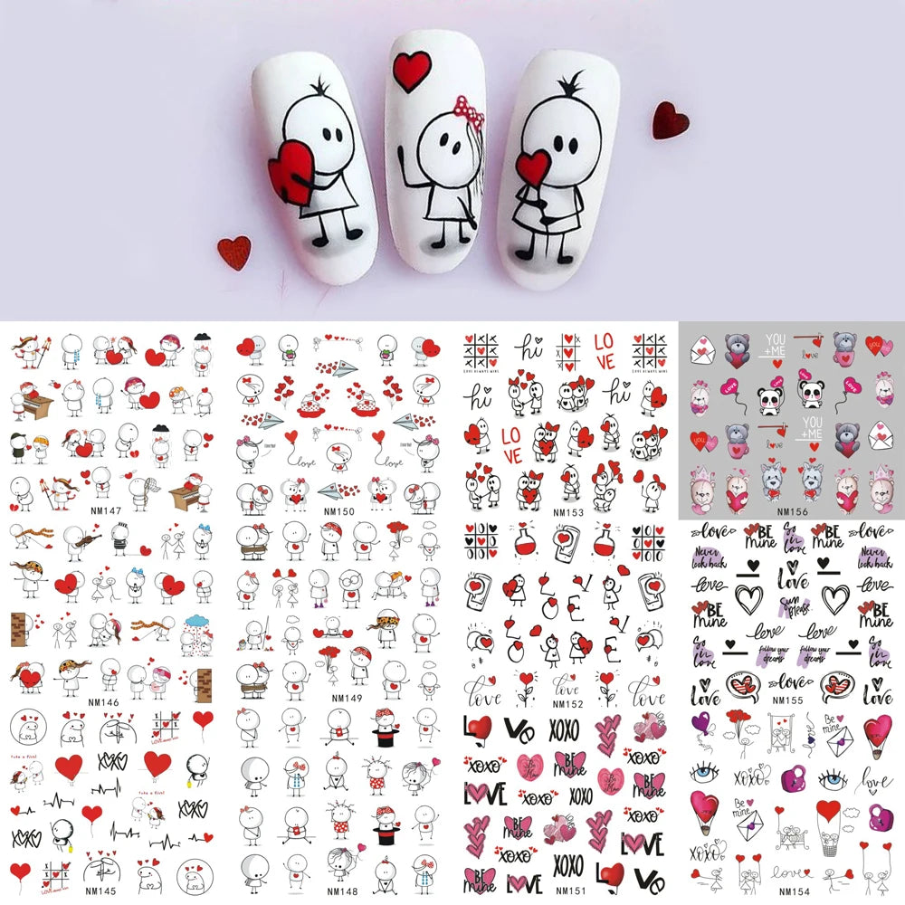 Valentine's Day Nail Water Decals | Cute Doodle Love Heart Slider Stickers
