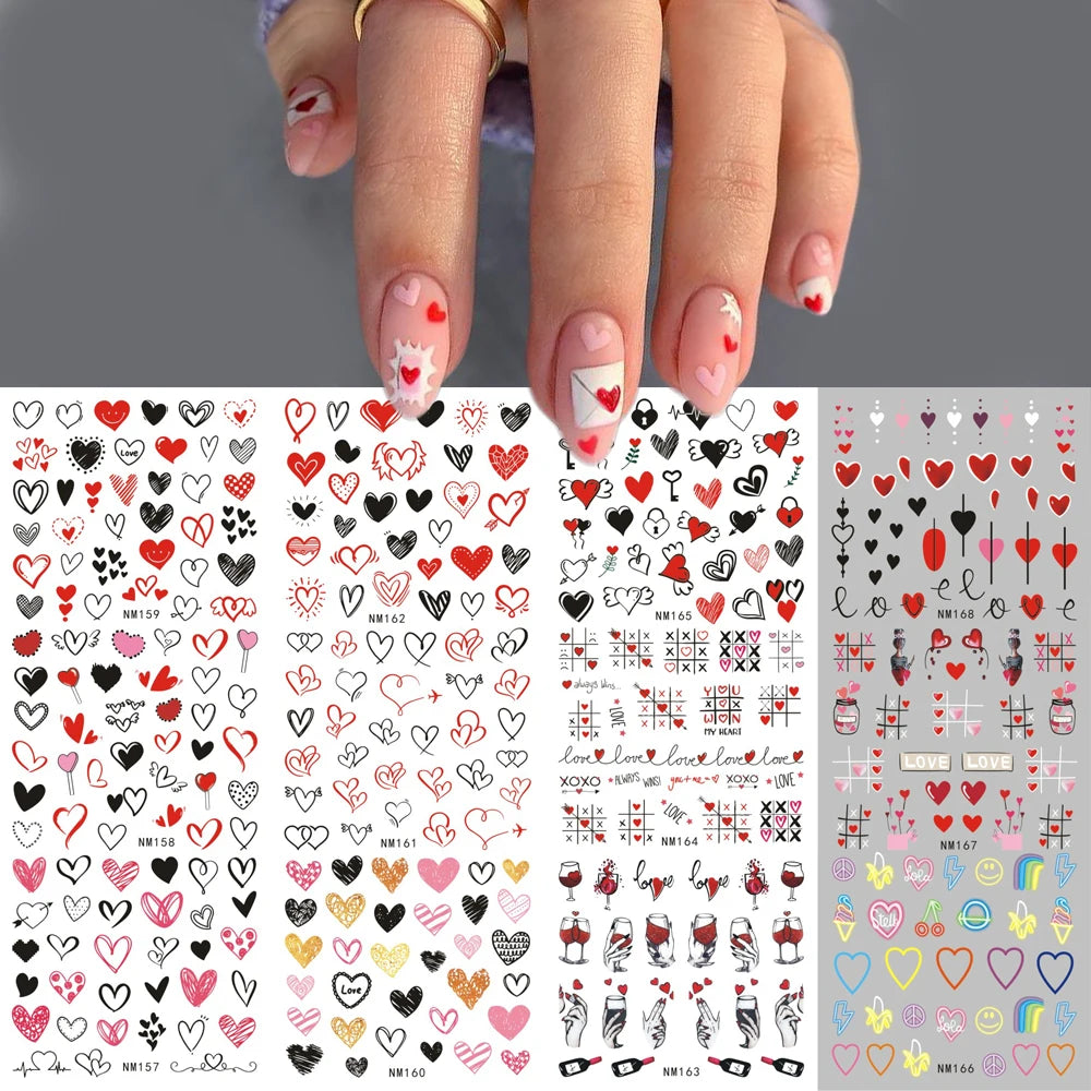 Valentine's Day Nail Water Decals | Cute Doodle Love Heart Slider Stickers