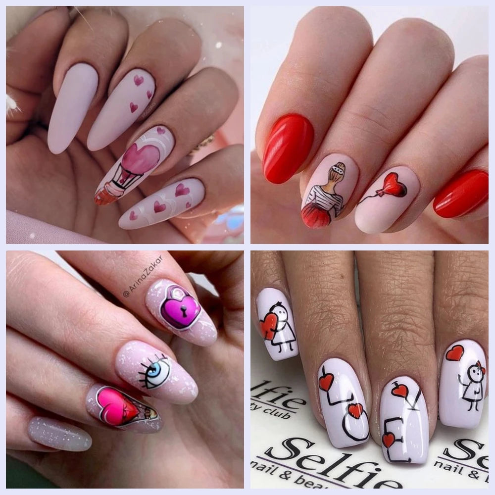 Valentine's Day Nail Water Decals | Cute Doodle Love Heart Slider Stickers