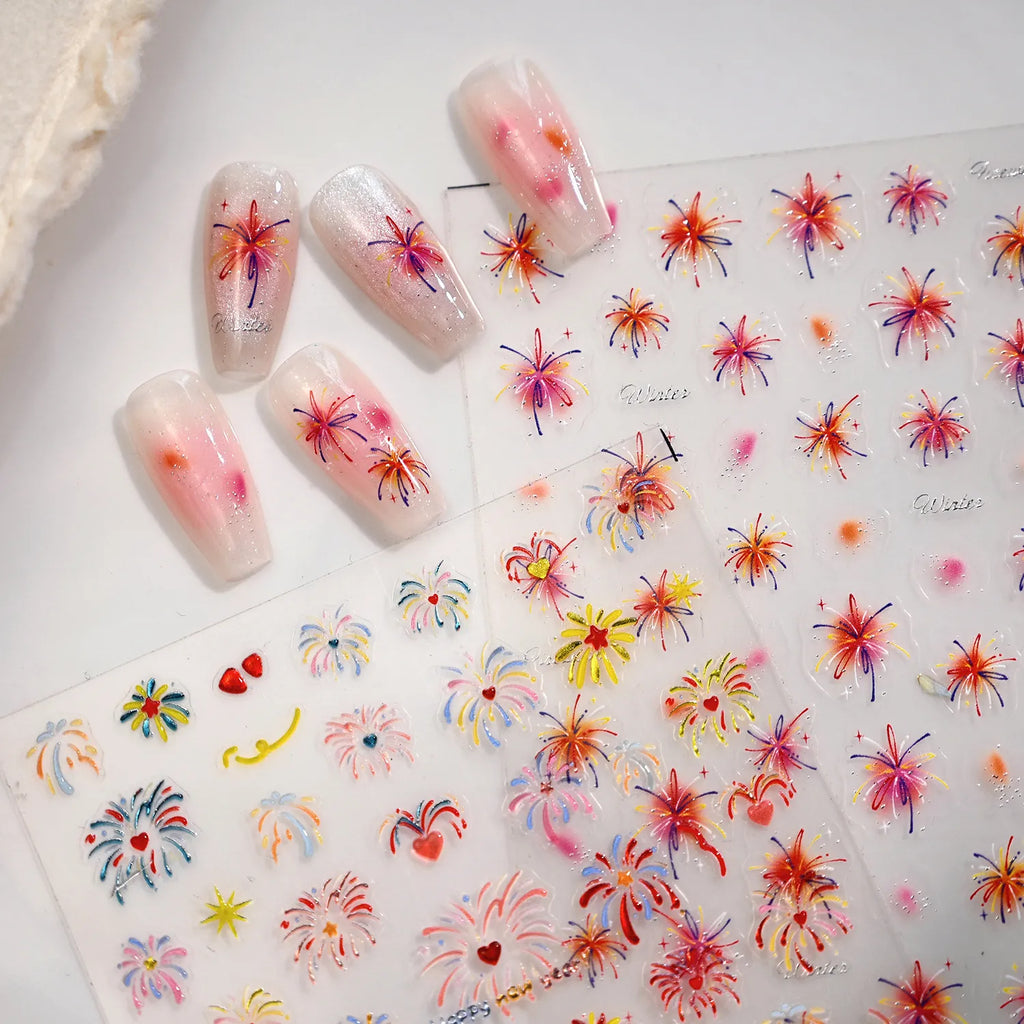 Vibrant Fireworks & Heart Nail Stickers - Festive & Holiday Decals for Celebration
