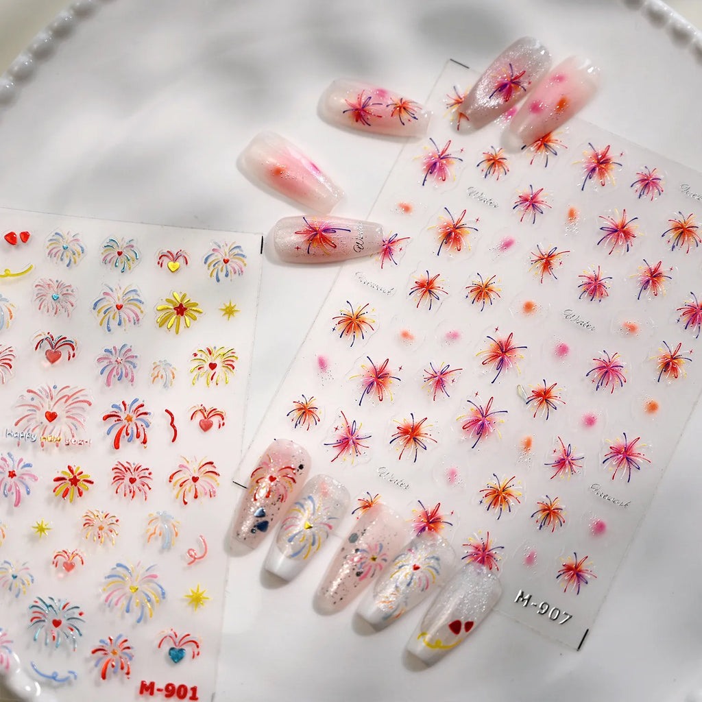 Vibrant Fireworks & Heart Nail Stickers - Festive & Holiday Decals for Celebration