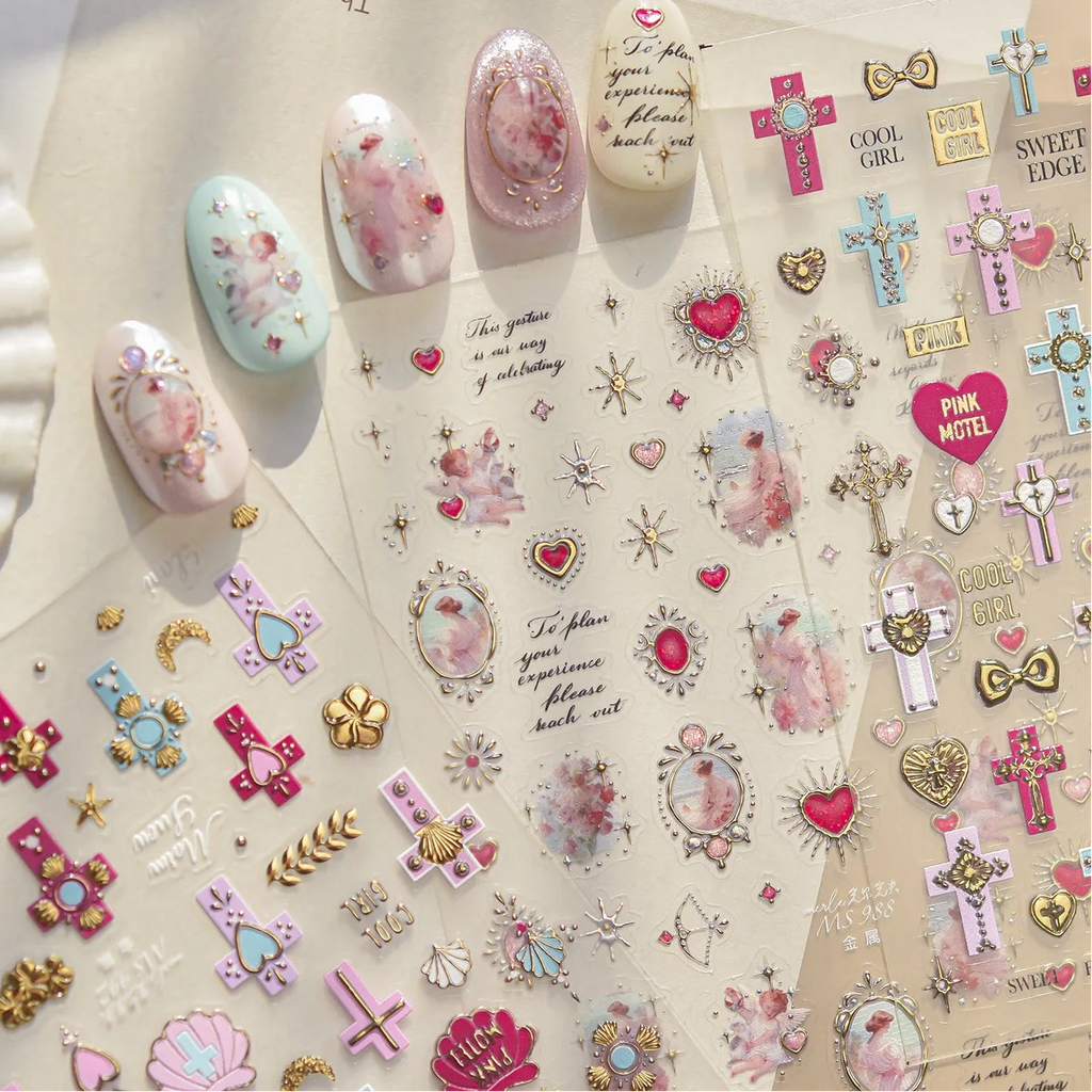 Vintage Angel & Cross 3D Nail Stickers - Coquette Baroque Decals 988