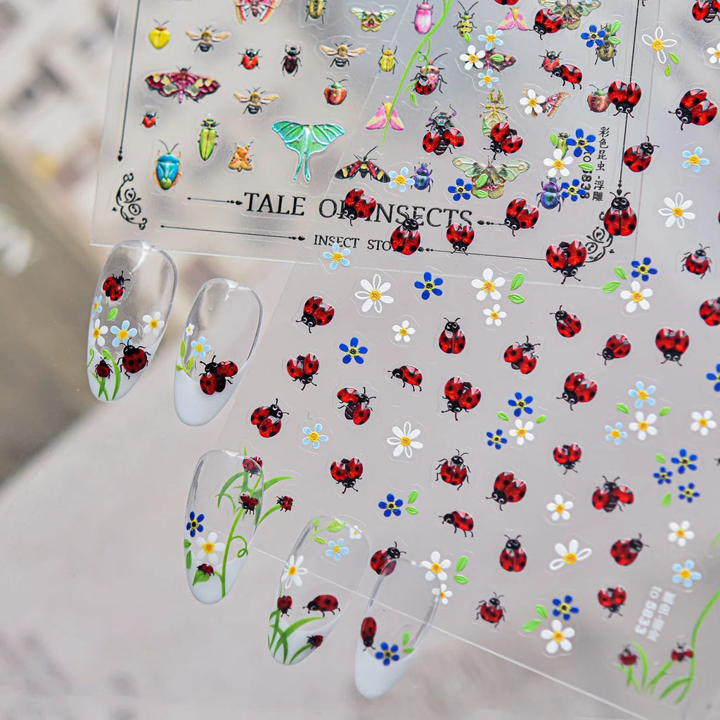 Vintage Beetle & Ladybug 3D Insect Nail Stickers - Botanical Nature Decals