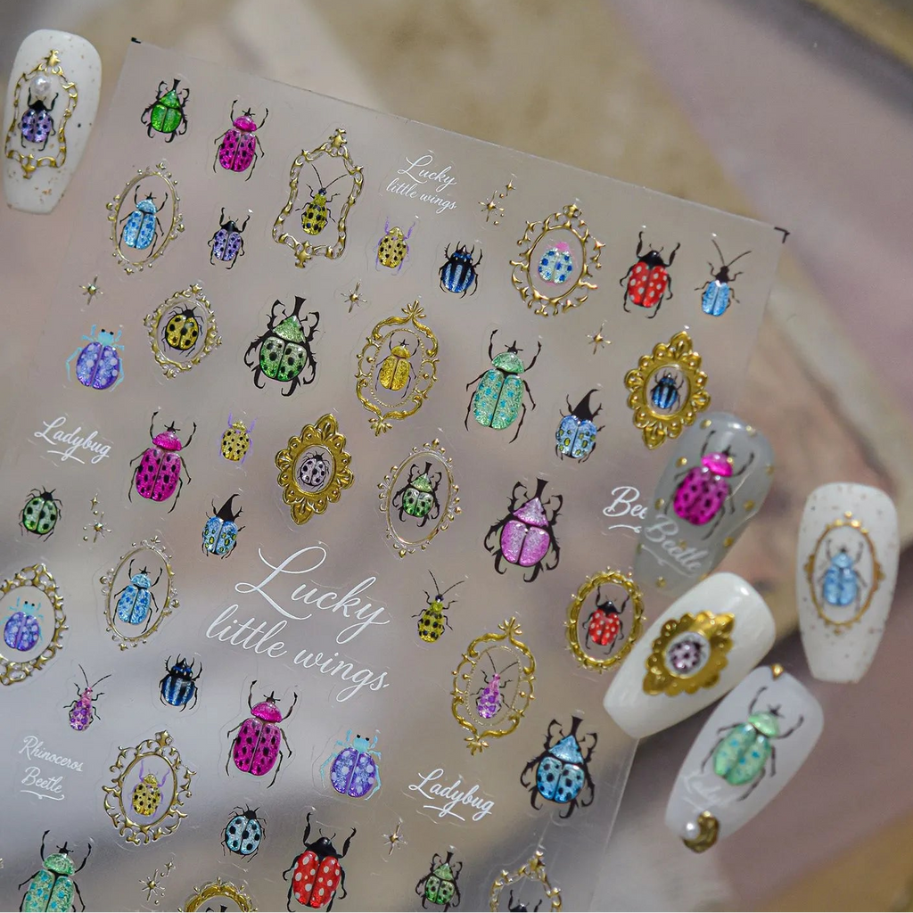 Vintage Beetle & Ladybug 3D Insect Nail Stickers - Botanical Nature Decals